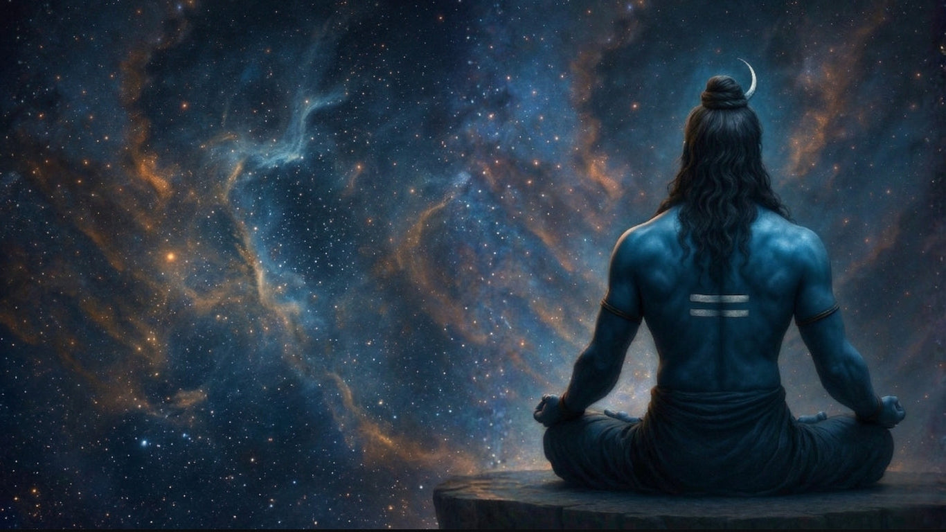 Lord Shiva meditating with a cosmic background