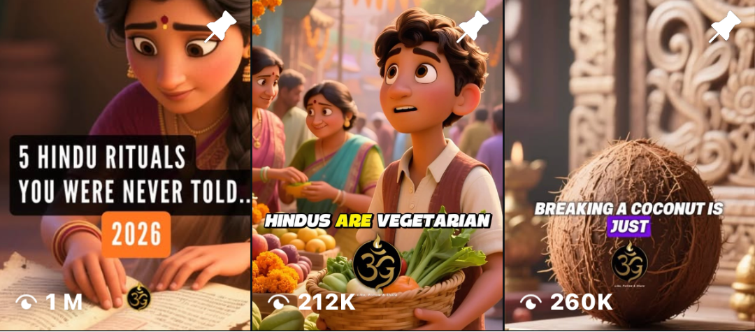 Collage of animated characters and text about Hindu rituals on a colorful background