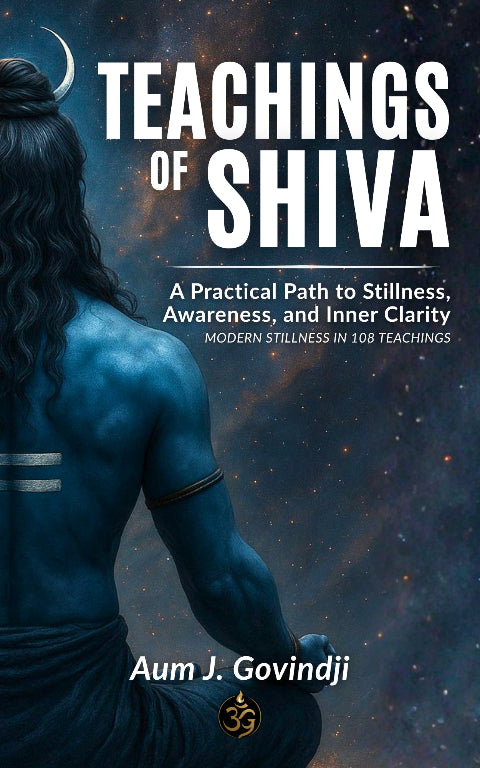 Book cover of 'Teachings of Shiva' with a figure of Shiva and celestial background, written by Aum J. Govindji.