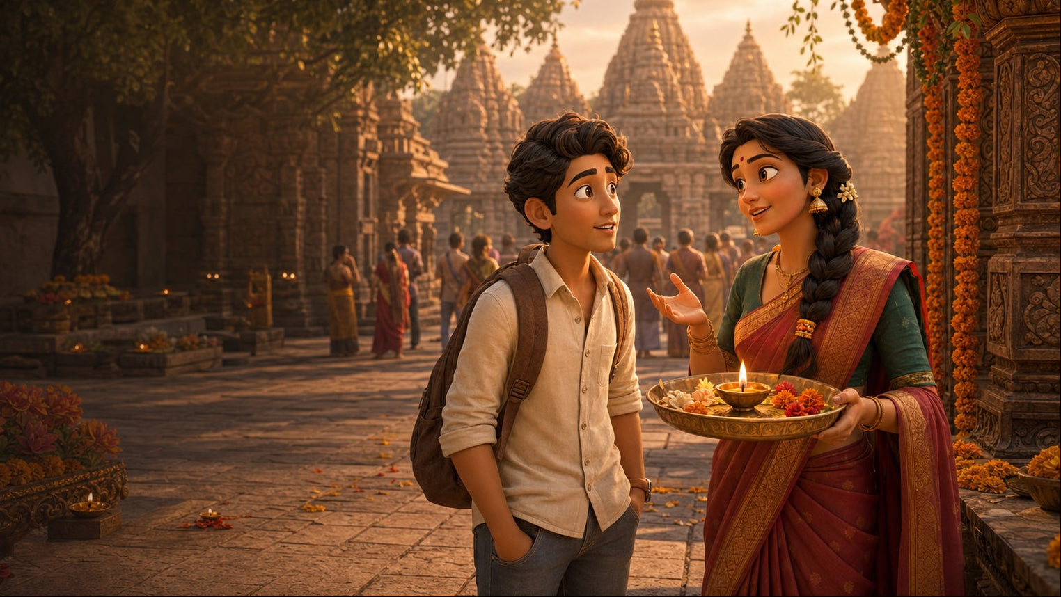 A guide explains an aarti ritual in a temple courtyard