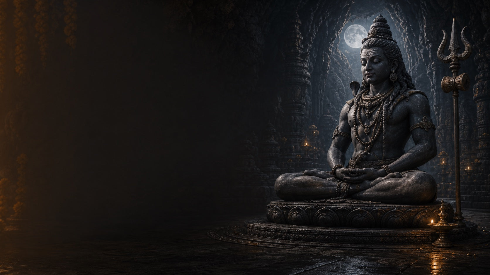 A black-stone Shiva figure in moonlit stillness